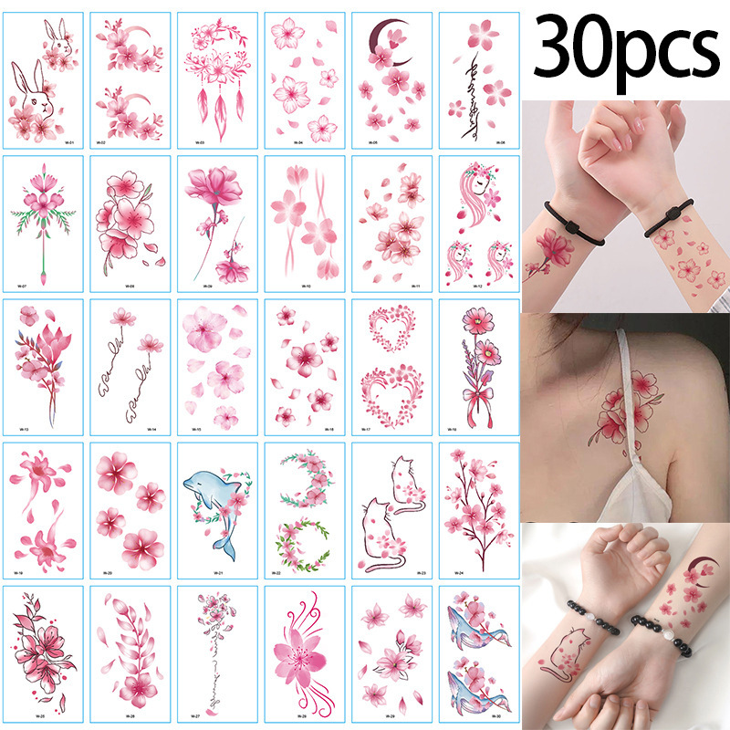 A set of 30 pink flowers series suit men's and women's tattoo stickers waterproof long-lasting simulation color clavicle stickers Net Red