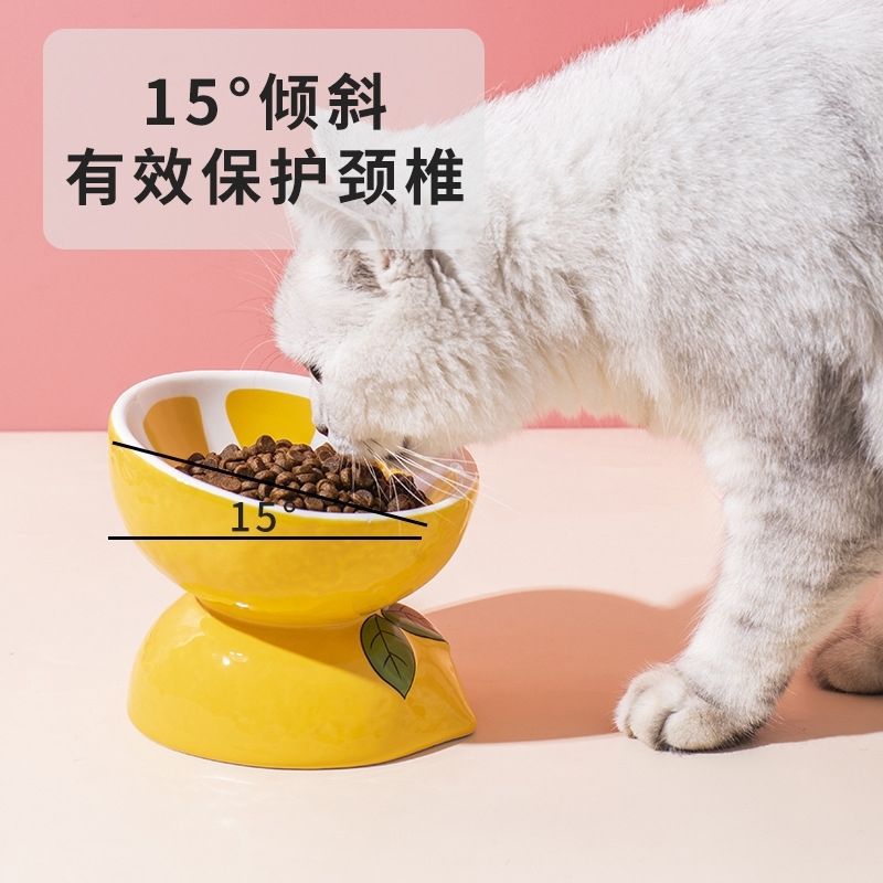 Ceramic dog dog food basin cat bowl two-in-one three-in-one cute splash-proof cartoon combination neck protection oblique mouth healthy dirt-resistant