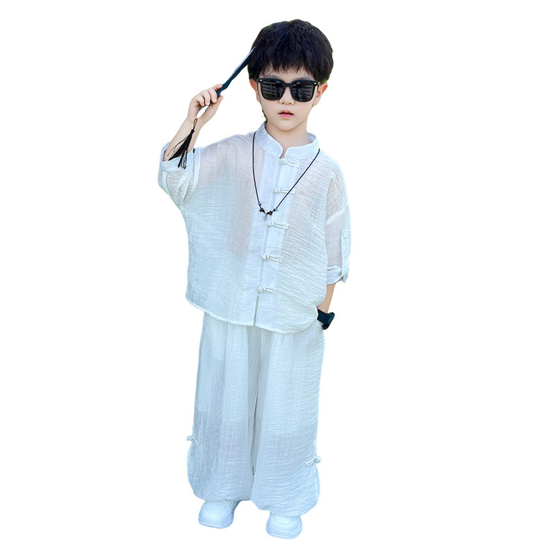 男の子の夏スーツ子供唐装漢服 2025 新しいレトロな新しい中国風のボタンシャツ小中型子供服|undefined