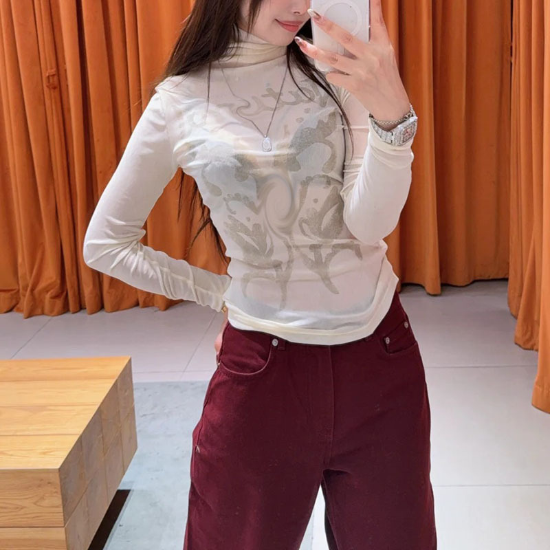 2025冬季新款女装精工植绒图腾高领修身纹身衣T恤上衣 MBE4TOP004