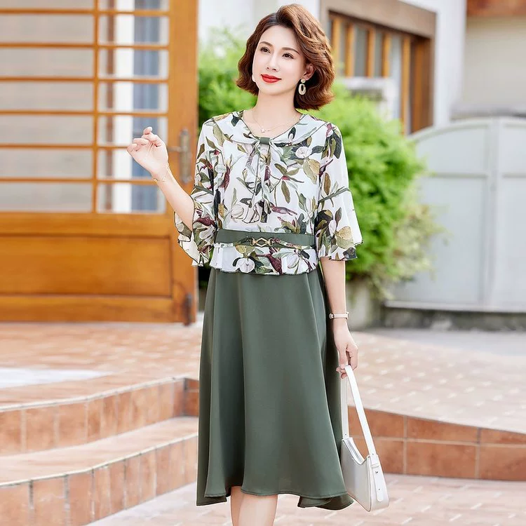 Новое летнее платье для мамы, платье с короткими рукавами, иностранный стиль, благородное, маленькое летнее платье из двух частей для женщин среднего и пожилого возраста.