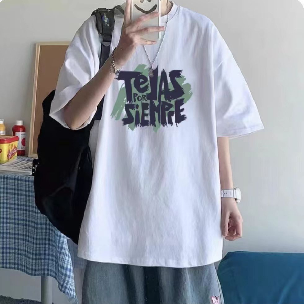 cotton short-sleeved t-shirt men‘s ins summer versatile heavy t-shirt hong kong style couple loose half-sleeve top plus size