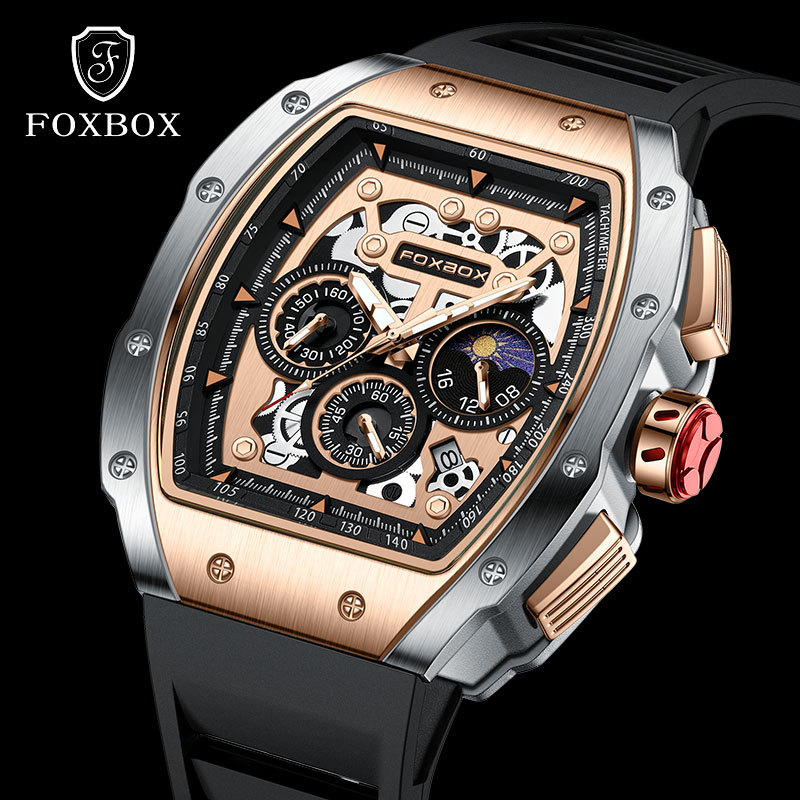 FOXBOX cubo hombres jóvenes deportes multifunción reloj impermeable calendario reloj de cuarzo hueco 0015