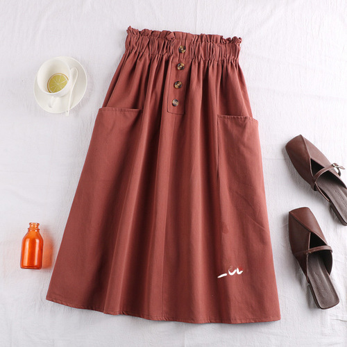 Button Half Body Skirt Spring and Summer Youthful and Elegant Women's Han Style Japanese Style Elastic Waist Medium Length Casual A-line Skirt