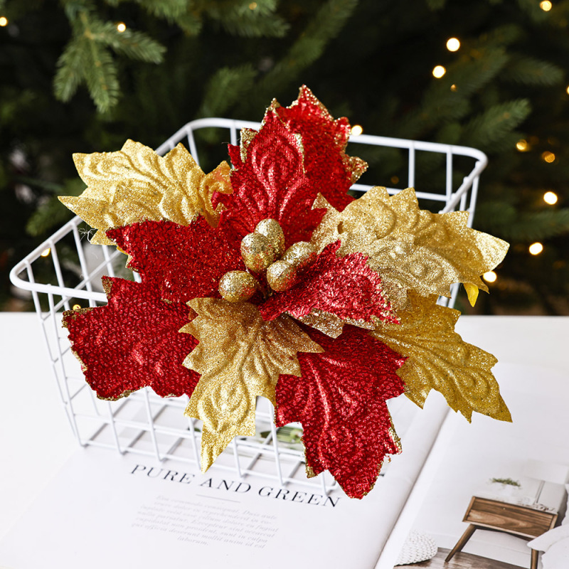 造花手作りクリスマスフラワー diy クリスマス装飾アクセサリーレッドゴールド大型クリスマス結婚式の装飾花|undefined