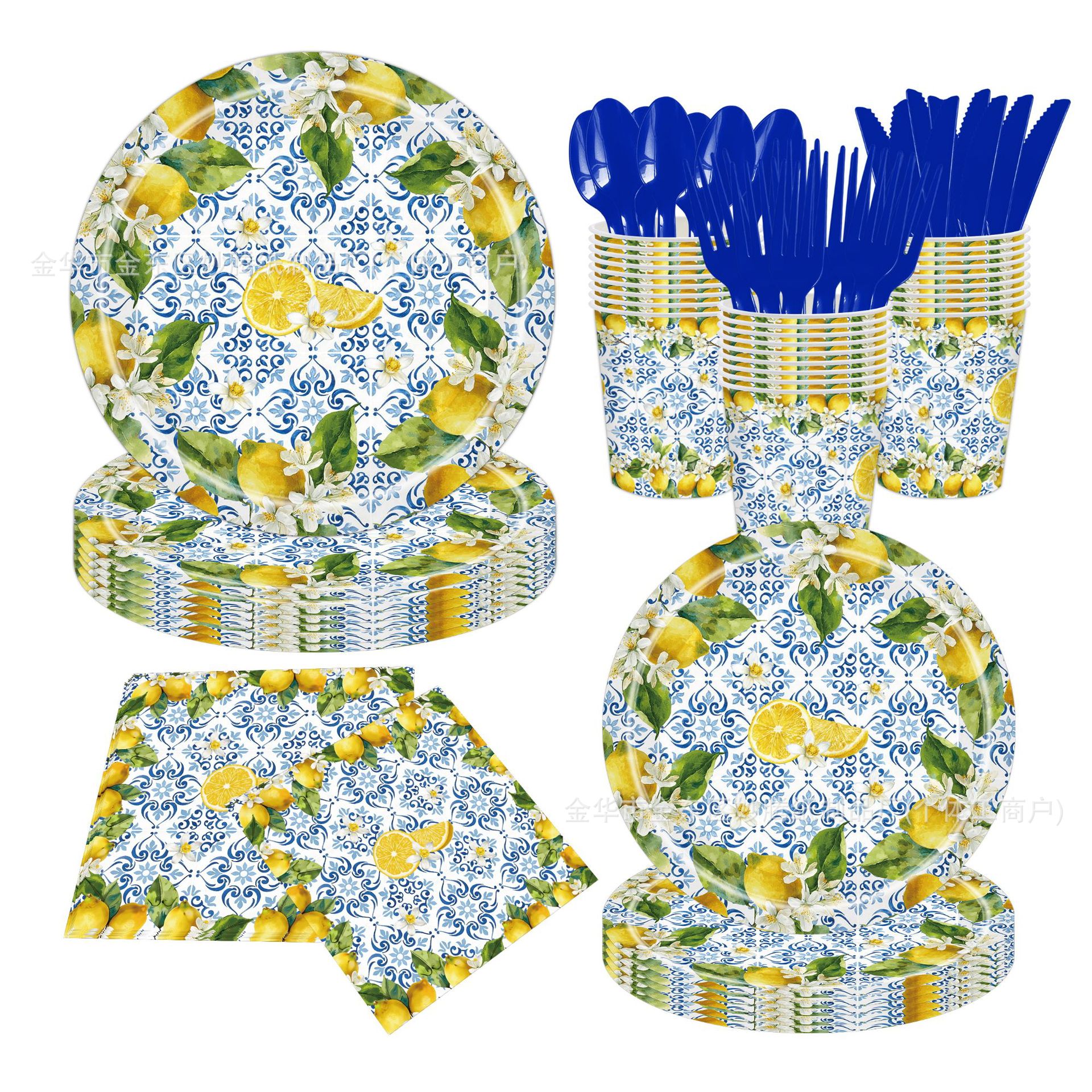 Retrógrado azul y flor de frutas, fiesta familiar, mesa, taza de papel, toallas, conjunto de bandeja de papel desechable
