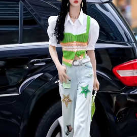 今年流行夏季韩流新款穿搭两件套拼接纽扣撞色衬衫破洞牛仔裤套装