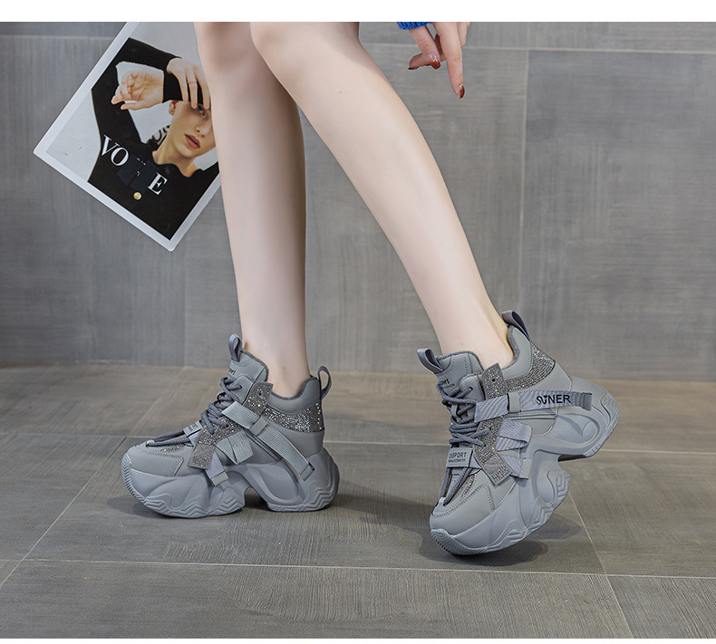 Giày sneaker nữ chunky đế dày tăng chiều cao 8cm, đính đá pha lê, dây buộc thời trang — M2991 lót đơn màu đen, M2991-1 plus nhung nâu, M2991 lót đơn màu xám, M2991-1 plus nhung xám chi tiết 16