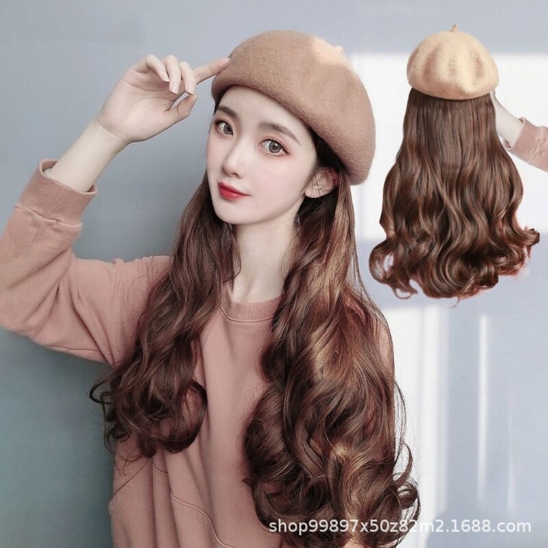 Hat wig integrated fashion 2022 new autumn and winter beret hat fake hair female long hair full head cover female