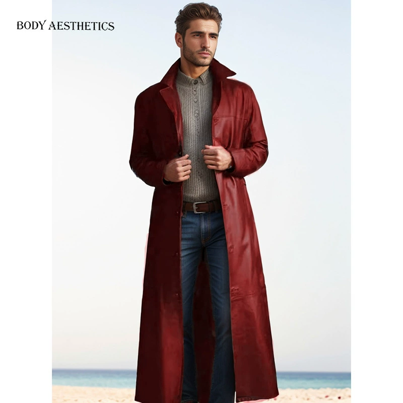 Мужской длинный плащ-тренч из полиуретана PU, slim fit, длинная линия, стильная куртка (S–5XL)