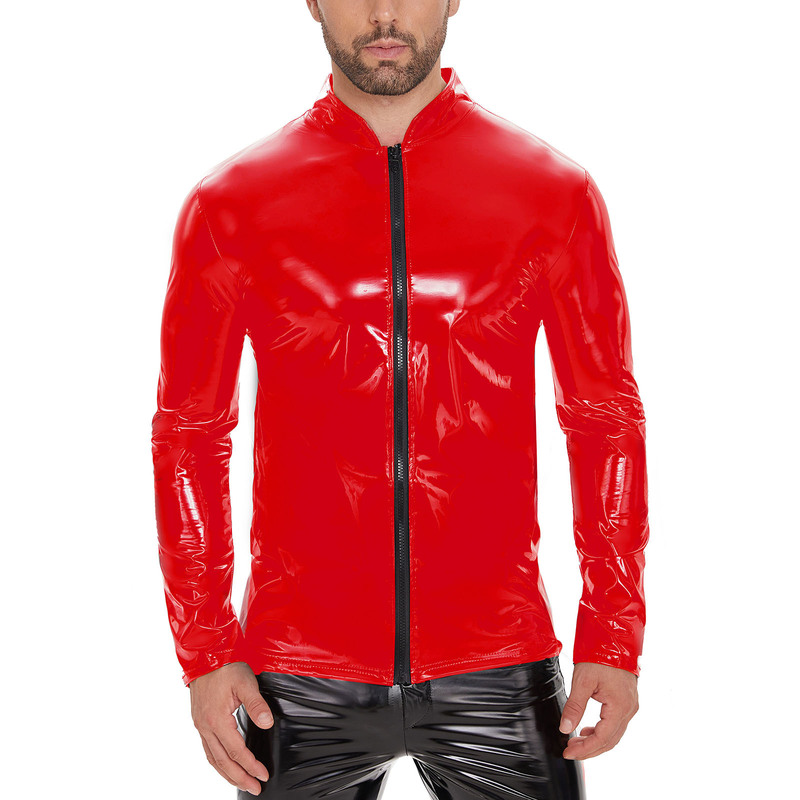 Cross-border Products Men's PU Mirror Leather Long-sleeved Casual Leather Jacket Slim Zipper Stand Collar Leather Shirt Without Odor
