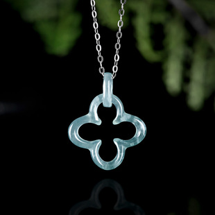 Natural A Goods Jade Blue Water Hollow Four-leaf Clover Iceseed Jade Pendant Fashion Women's Necklace Pendant Jade Pendant