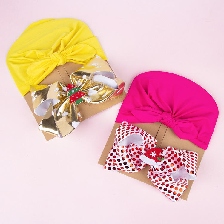 Europe And America Cross Border Christmas Style Children's Hat Bow Two-piece Set Baby Christmas Elements Sleeve Cap Baby Beanie Cap display picture 2