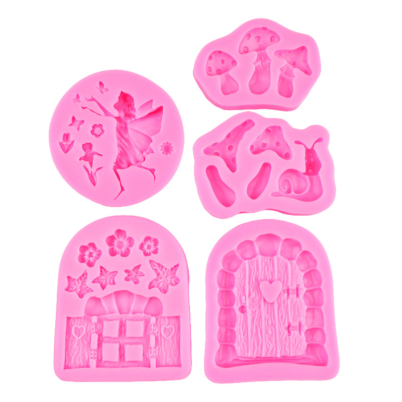 Pequeña flor hada estilo pastoral forma de hongo silicona fondant dibujos animados puerta de madera molde de pastel pastel decoración de chocolate epoxi