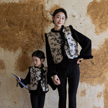 母女国风提花马甲夹棉加绒复古套装童坎肩盘扣3件套