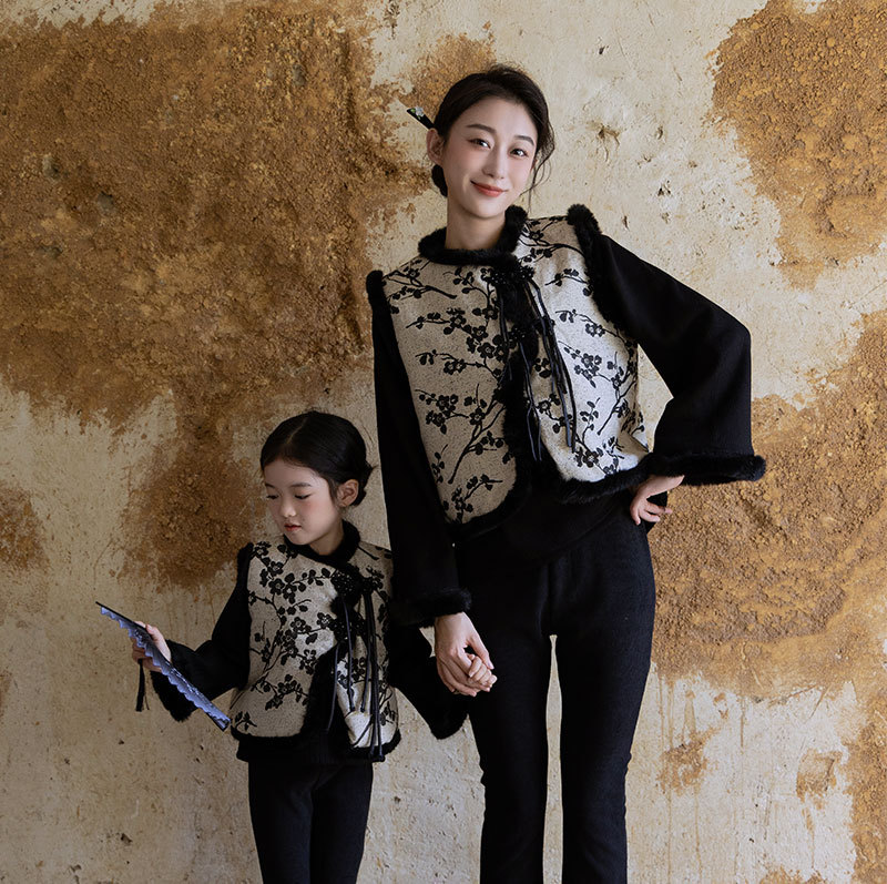 母女国风提花马甲夹棉加绒复古套装童坎肩盘扣3件套