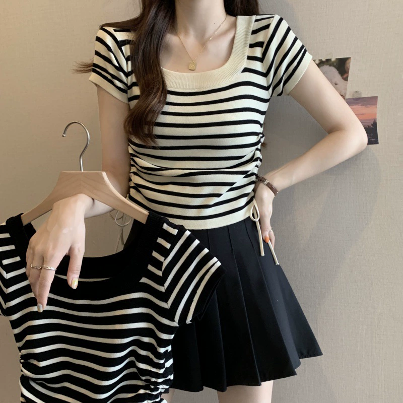 Летний новый квадратный воротник в полоску