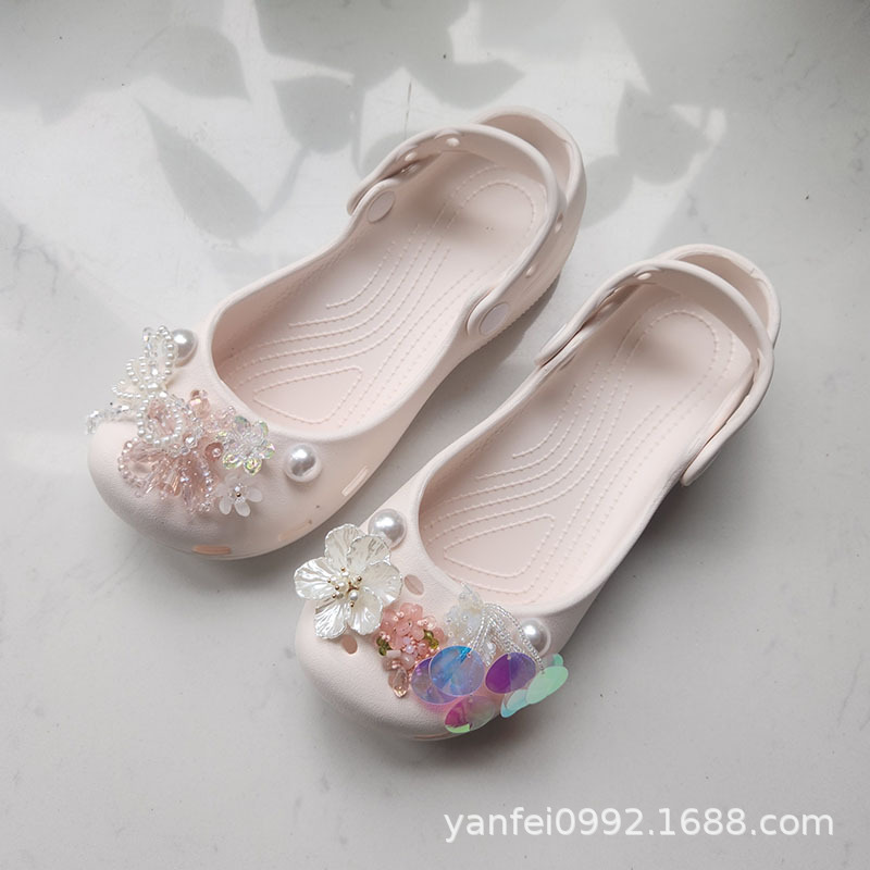 Vintage Pearl Resin Flower Petal Sequin Beaded Shoe Decoration Summer Clogs Fairy-Style Ancient Ballet Slippers
