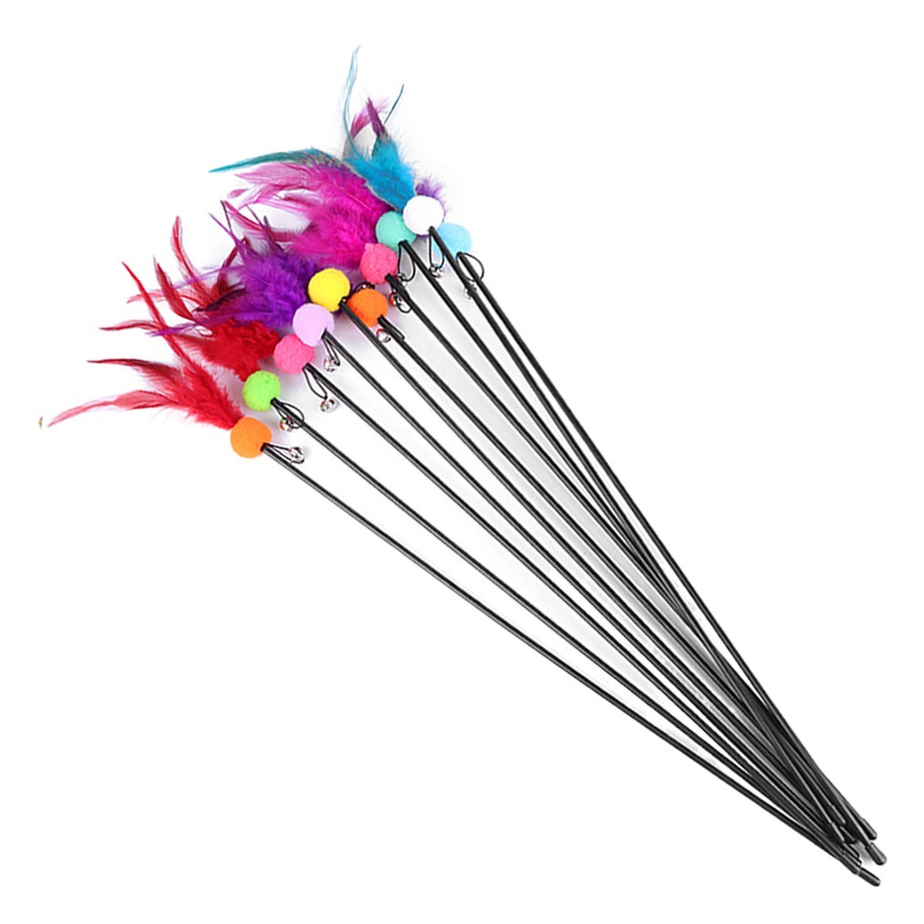  Palo divertido para gato, venta al por mayor, campana de plumas, pom-pom, palo largo, resistente a mordeduras, alivio del placer, juguete para mascotas, suministro directo de fábrica