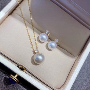 G18k Golden Princess style natural pearl set akoya glossy freshwater pearl stud earrings necklace