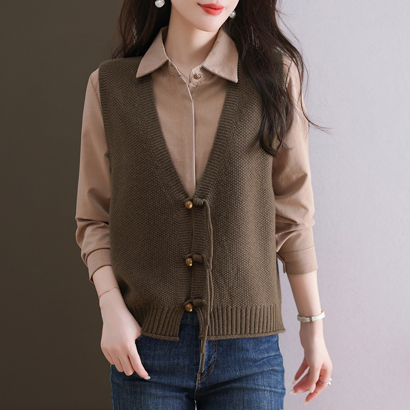 High-grade wool knitted vest women's new Chinese-style sweater cardigan autumn and winter new fashion loose simple waistcoat vest