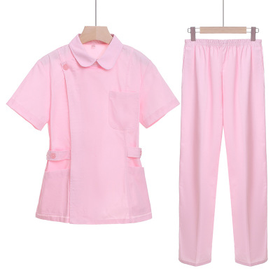 护士服 短袖 女夏装底上领白色粉色修身实验服美容院