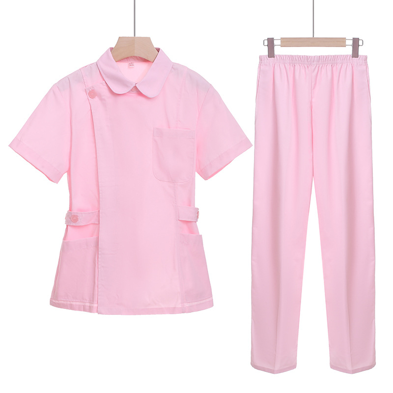 护士服 短袖 女夏装底上领白色粉色修身实验服美容院