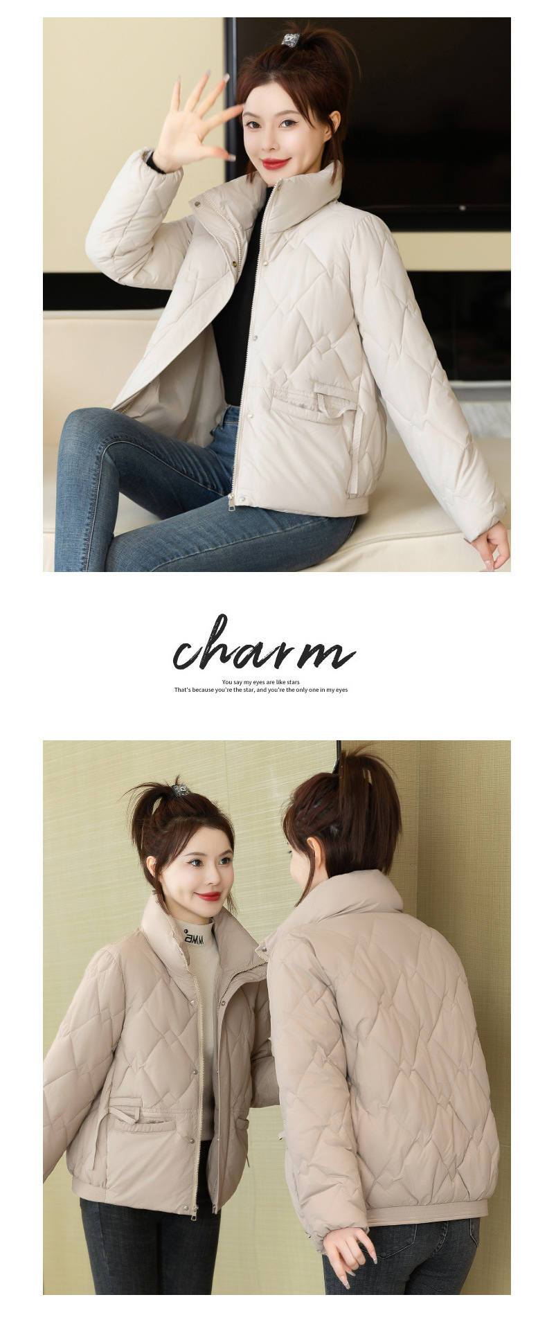 Plumón corto de algodón para mujer en invierno 2024, cuello alto, ligero, versátil, informal, de moda, cálido y corto._voghion.com