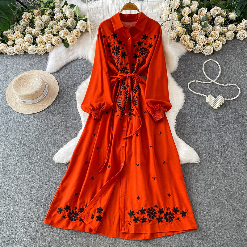 French-Style Vintage Heavy Embroidery Turn-Down Collar Long-Sleeve Dress for Women, Summer Loose Fit, Slimming, Casual Workwear, Lazy Cardigan Long Dress