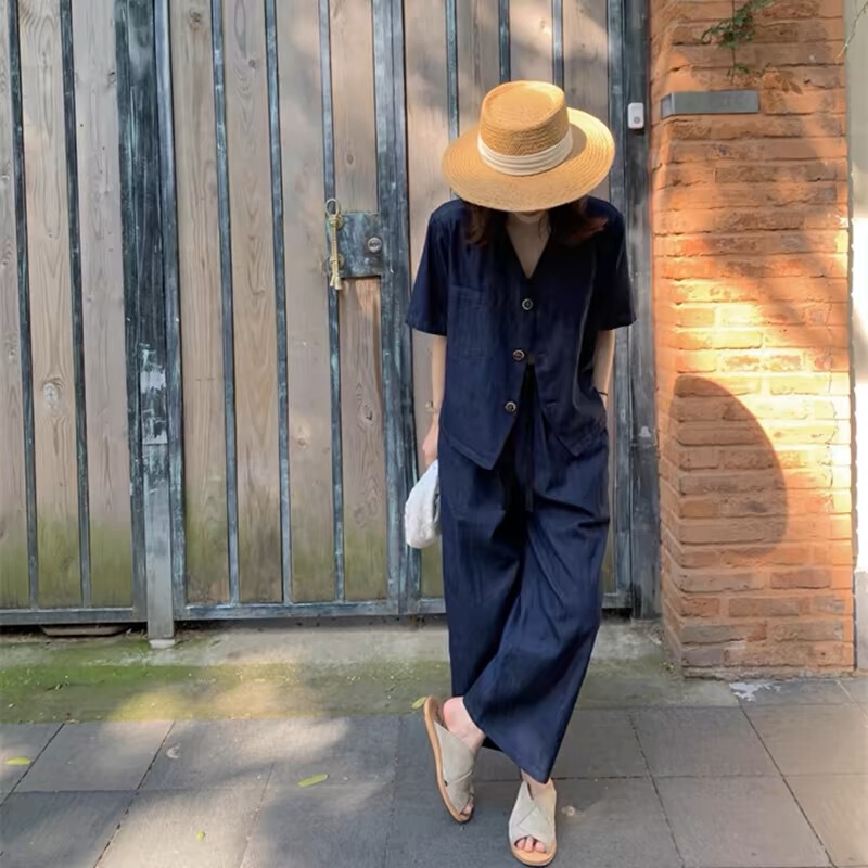 Dark Blue Linen Suit Women's Summer Thin Straight Nine-Point Wide-Leg Pants Tencel Imitation Jeans Japanese Style Pants