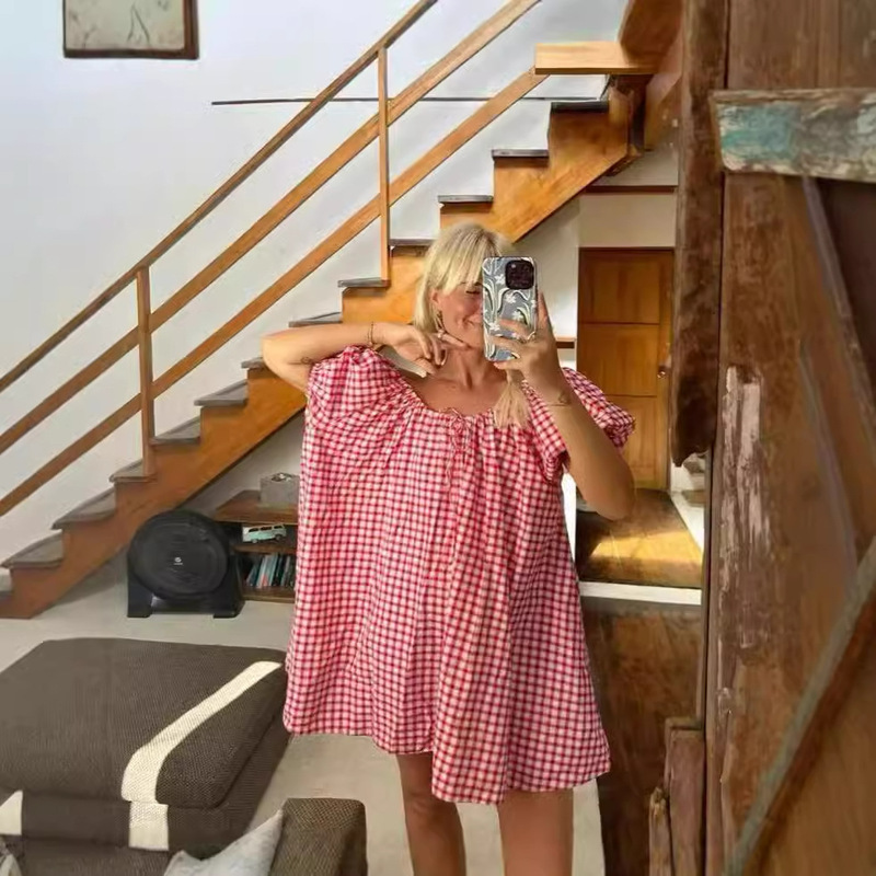 Women's Y2k Baby Mini dress Plaid Short Sleeve Puff Sleeve Square Collar dress Floral Fairy Wide Women's Y2k Baby Mini dress Plaid Short Sleeve Puff Sleeve Square Collar dress Floral Fairy Wide
