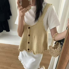 韩系秋冬u领短款黄色针织吊带背心女宽松春夏小个子叠穿马甲外搭