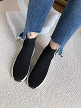 SW厚底圓頭短靴女2021秋新款單靴黑色彈力瘦瘦靴平底短筒針織襪靴