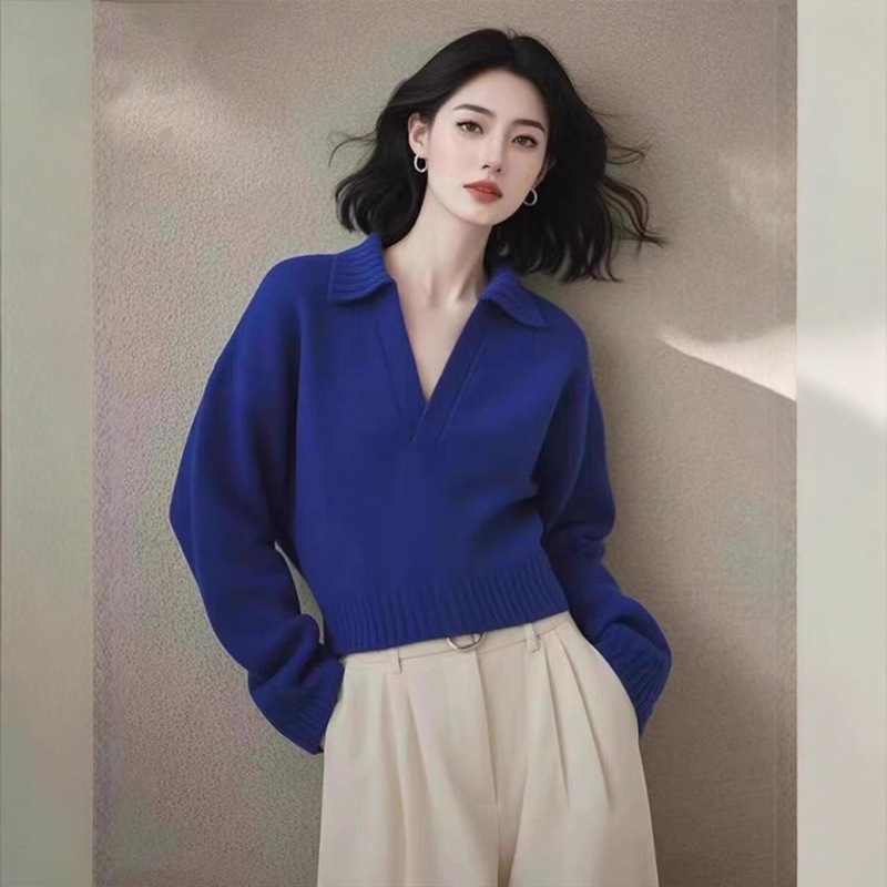 法式高级感半开领蓝色毛衣女新款时尚克莱因蓝上衣长袖针织衫|undefined
