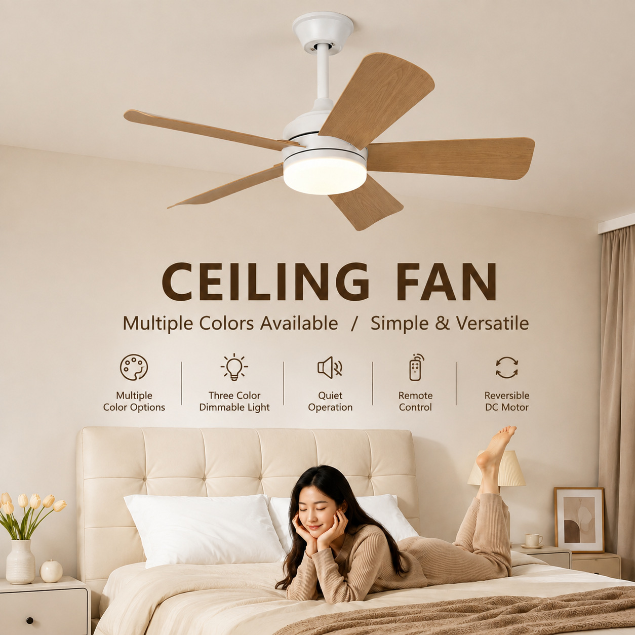 Ventilador de Techo con Luz 42 Pulgadas de ABS con Control Remoto para Sala de Estar y Comedor