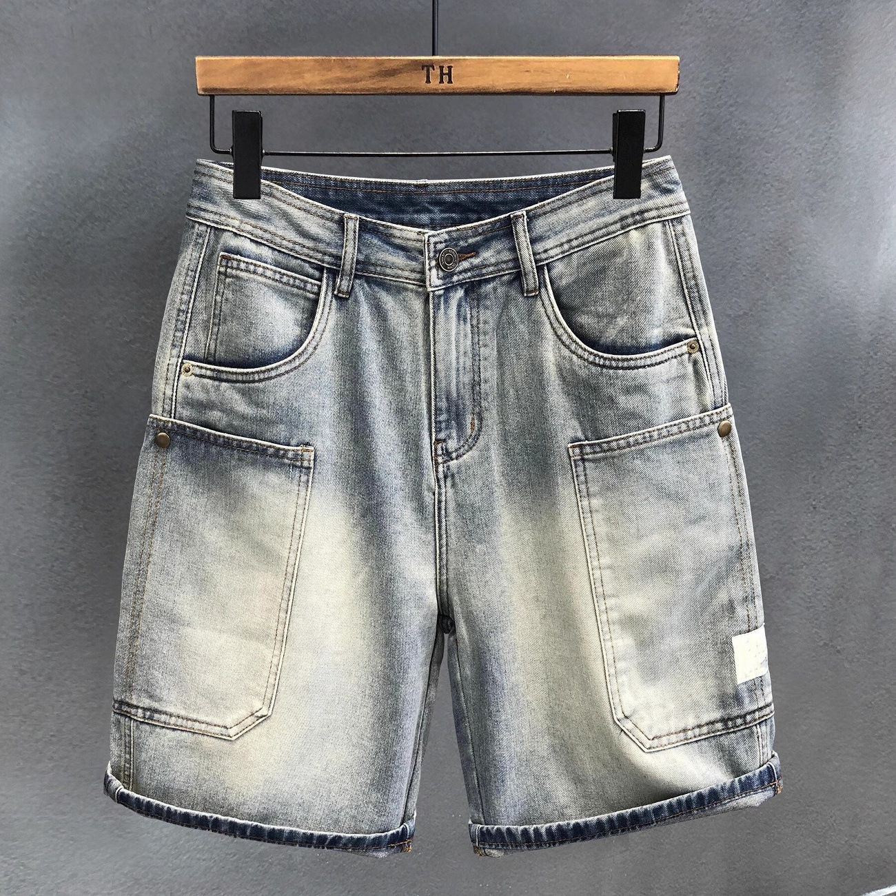 Men's Summer Thin Denim Shorts Casual Loose Fit mid Waist with Multi Pockets High-End Washed Design Trendy Five-Point Pants_mkmklike.com