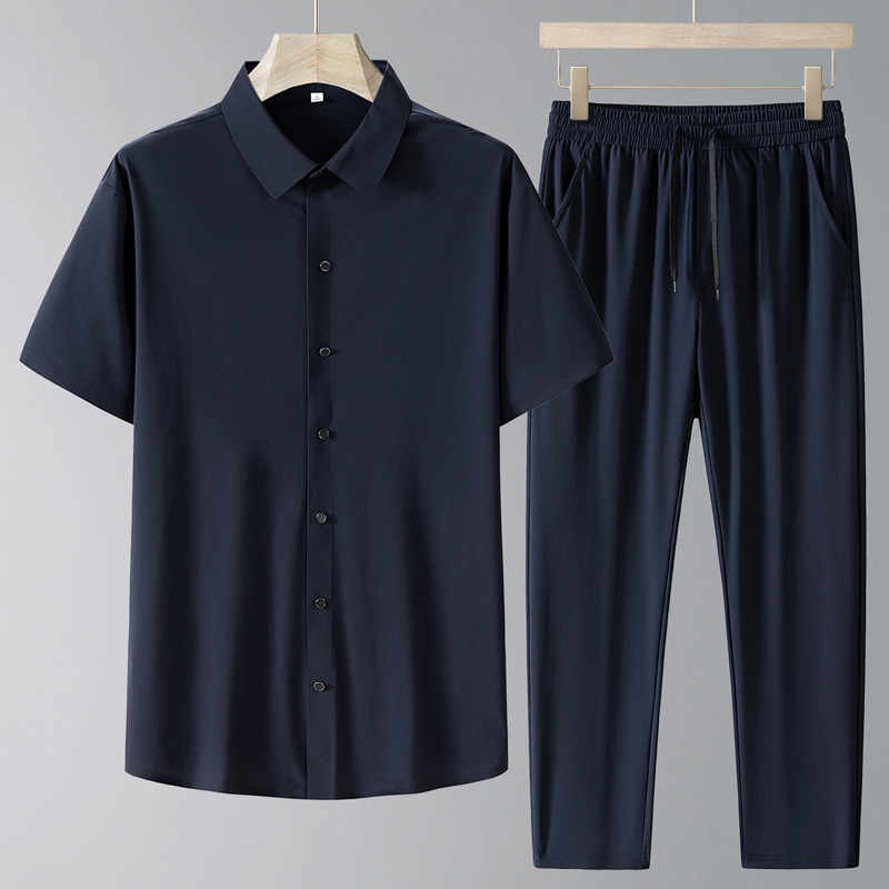 Nuevo traje de verano para hombre, seda de hielo para hombre, ropa de mangas cortas para hombre, camisa de verano para adultos mayores.