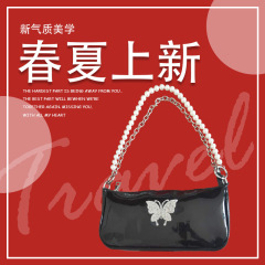 包包女2024新款小方包蝴蝶水鑽女包珍珠晚宴包包高級感鏈條單肩包