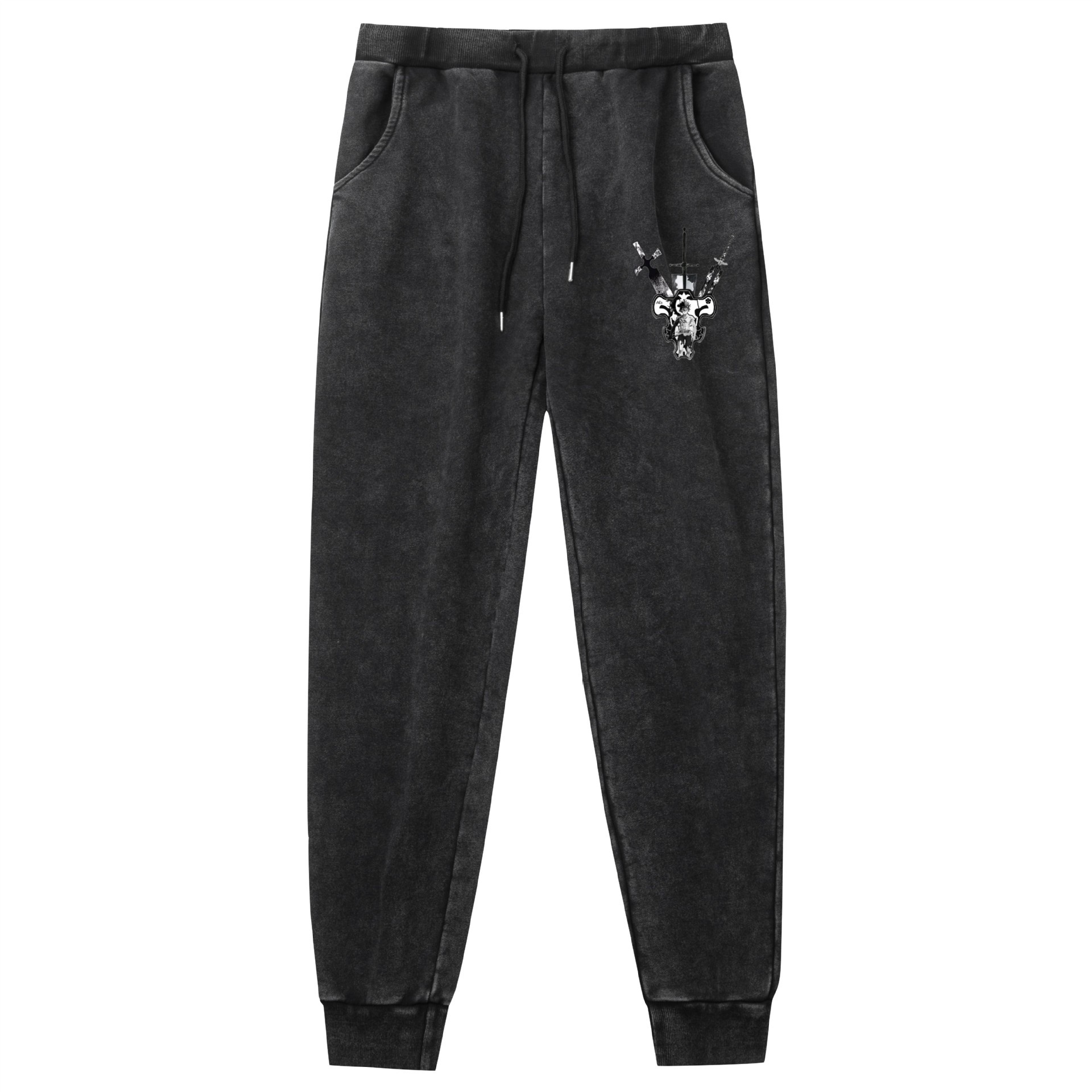 Lavado y desgastado pantalones retro negro trébol de cuatro hojas Black Clover venta caliente estampado al aire libre deportes de ocio