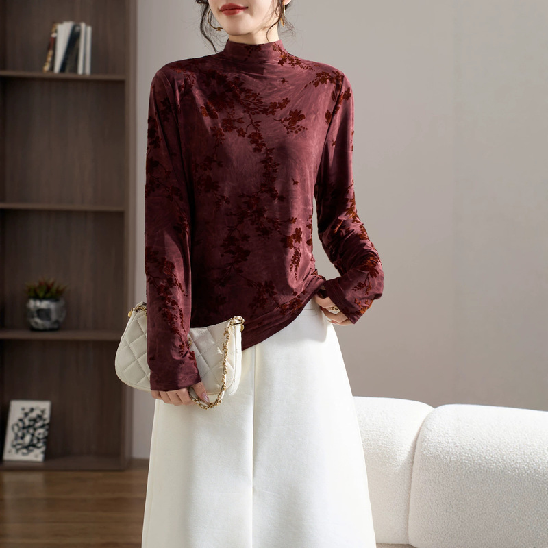 Tmze|Ice Silk Velvet Half-High Collar Long-Sleeve Top for Women, New Autumn Style, Stretchy Base Shirt, Chinese Style Velvet with Burnt Flower Pattern Tmze|Ice Silk Velvet Half-High Collar Long-Sleeve Top for Women, New Autumn Style, Stretchy Base Shirt, Chinese Style Velvet with Burnt Flower Pattern