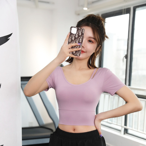 Yoga short-sleeved top with chest pad  new Korean version leaking belly button sweat-absorbent quick-drying sports fitness slimming T-shirt