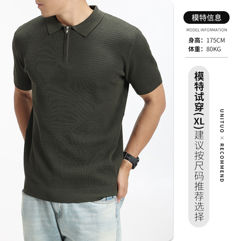 Waffle polo de hielo de punto para hombre con cremallera de collar de manga corta de negocios de alto nivel camiseta casual para hombre