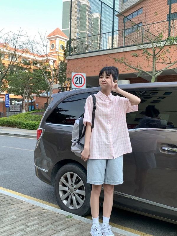 日系港风甜美粉色格子短袖衬衫男女夏季高级设计感小个子上衣外套|undefined