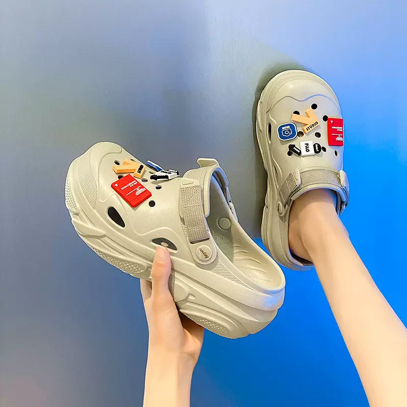 纯色新款舒适潮流时尚日常休闲圆头厚底拼色洞洞鞋透气包头女鞋