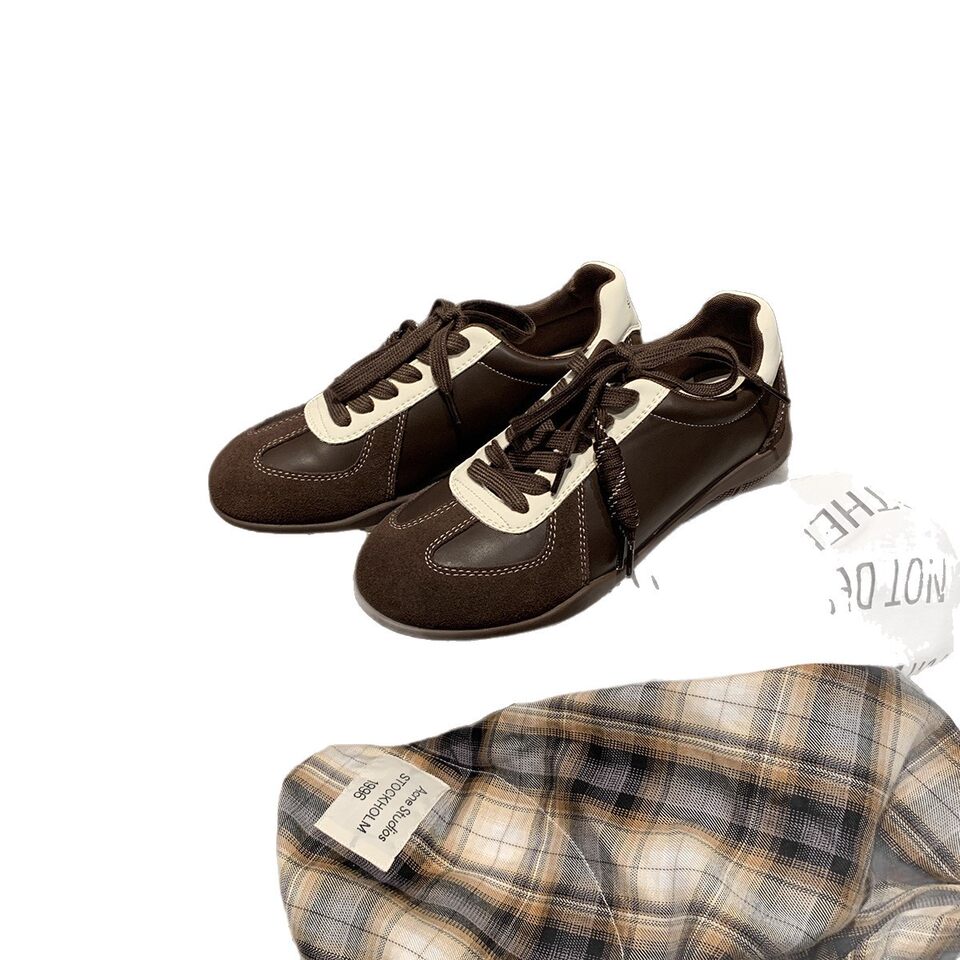 Giày sneaker nữ da bò phối màu mũi tròn dây buộc tăng chiều cao — Màu trắng nhạt, màu sô cô la, màu vàng, màu đen
