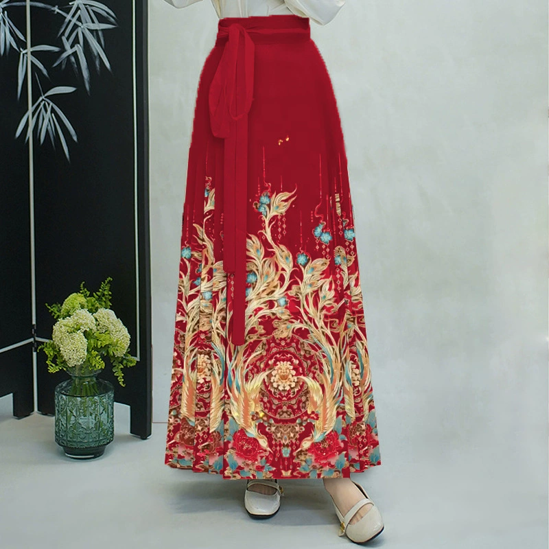 Комплект женской одежды Ханьфу: юбка с эффектом «лошадиная мордочка», весна-лето, с широким подолом, плиссированная юбка А-силуэта «лошадиная мордочка» [Двойной Феникс: Сочетание]