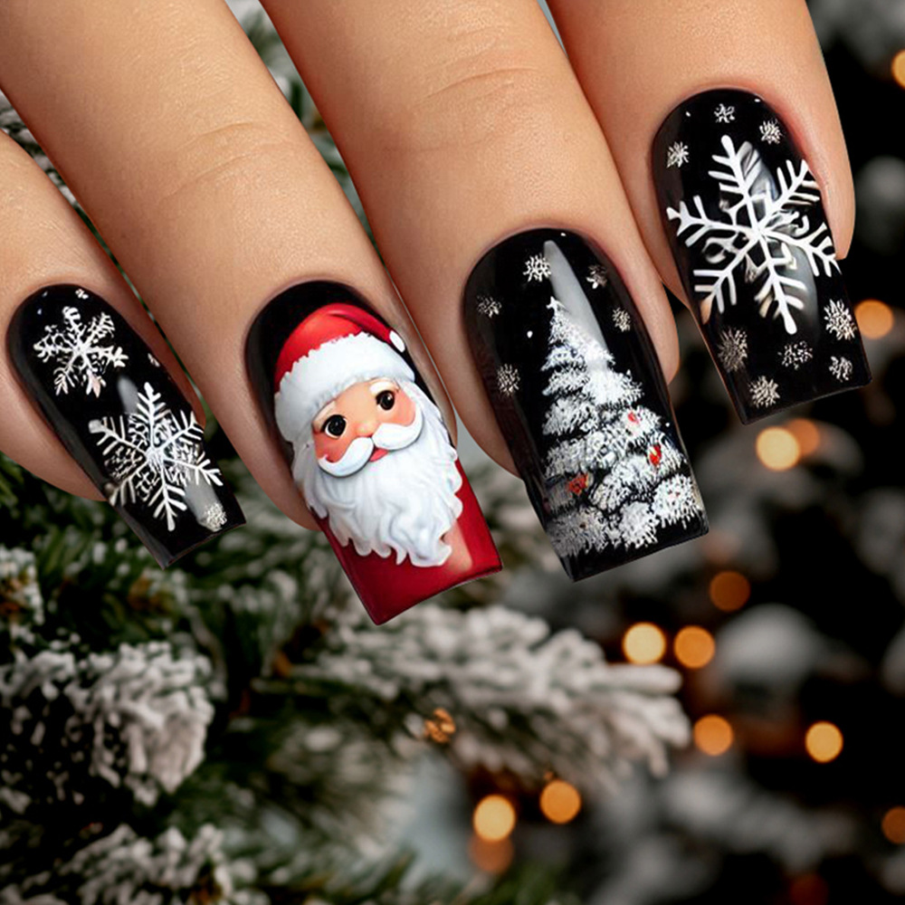 Ventas transfronterizas calientes de tubería de agua media y larga piezas de uñas de nieve en relieve Navidad 24 piezas de uñas de vacaciones