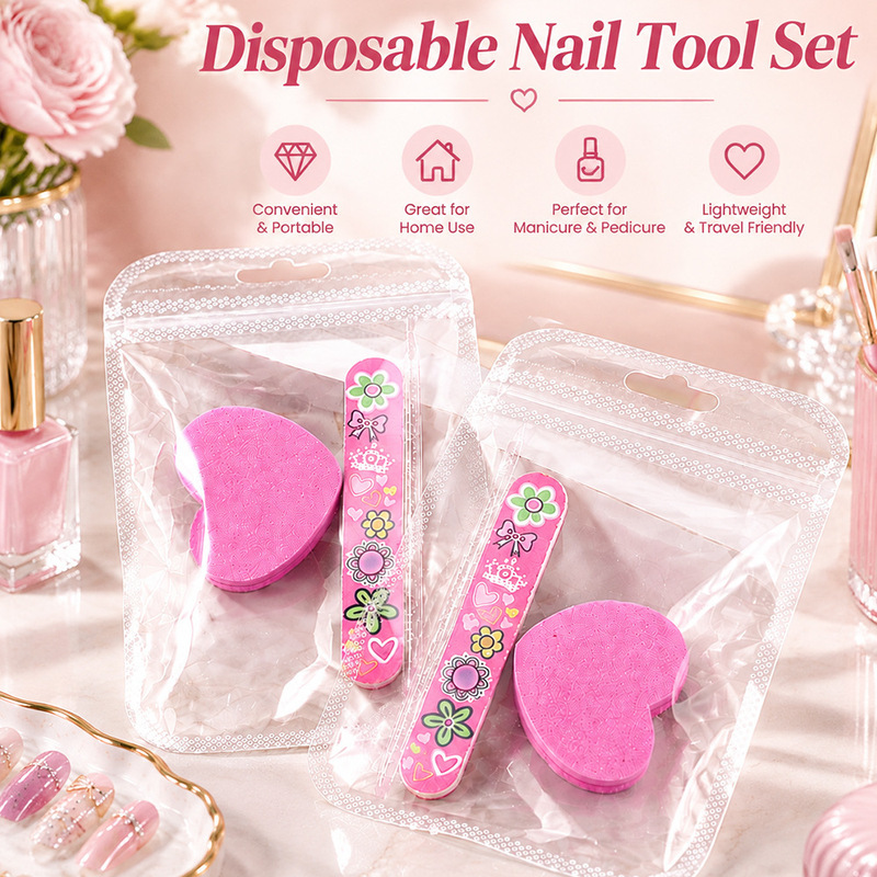 Disposable manicure tool set, including nail files and buffers, mini heart-shaped sponge files, and crystal sticks for nail art