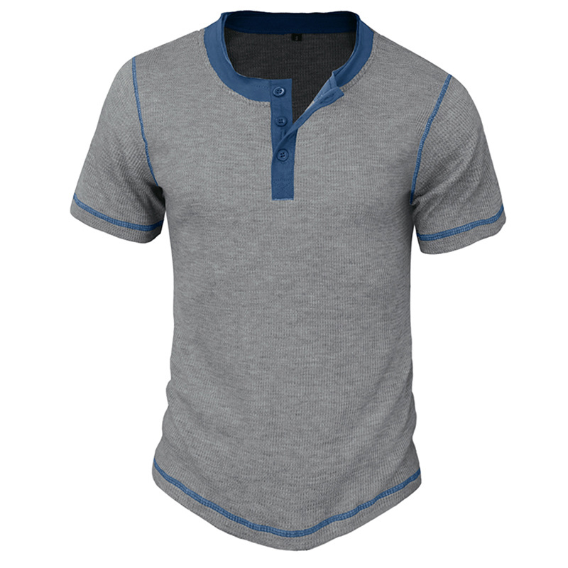Herren 2023 Sommer Kurzarm Henley Shirt Schönes lässiges Retro T-Shirt Waffel Farbblock Rundhalsshirt_voghion.com