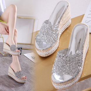 178-5 Wedge Heel Super High Heels Platform Platform Platform Thick Bottom Sequins Rhinestone Wedding Shoes Internet Celebrant Sandals and Slippers for Women